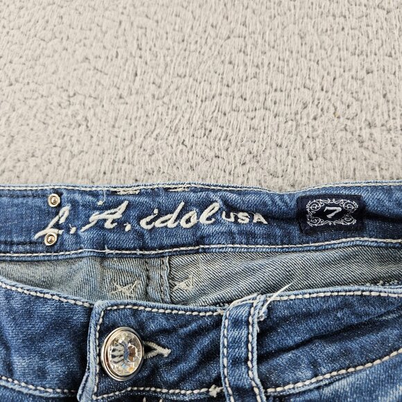 LA Idol Jeans Womens 7 (30x31) Blue Mid Rise Bootcut Rhinestones Embroidered - Picture 4 of 15